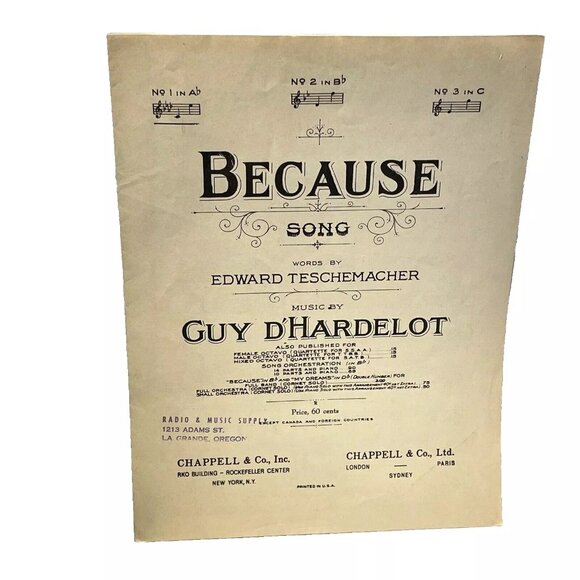 Because Piano Sheet Music In Ab Low Voice 1902 Chappell & Co. Inc. d'Hardelot - Picture 1 of 7